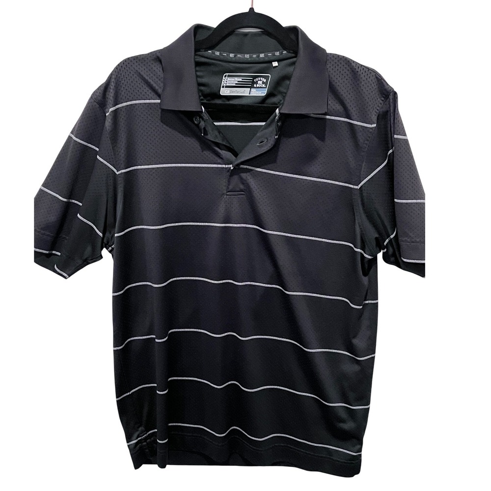 Cutter Buck Mens Black Striped Golf Polo Shirt CB DryTec Moisture Wicking Size M